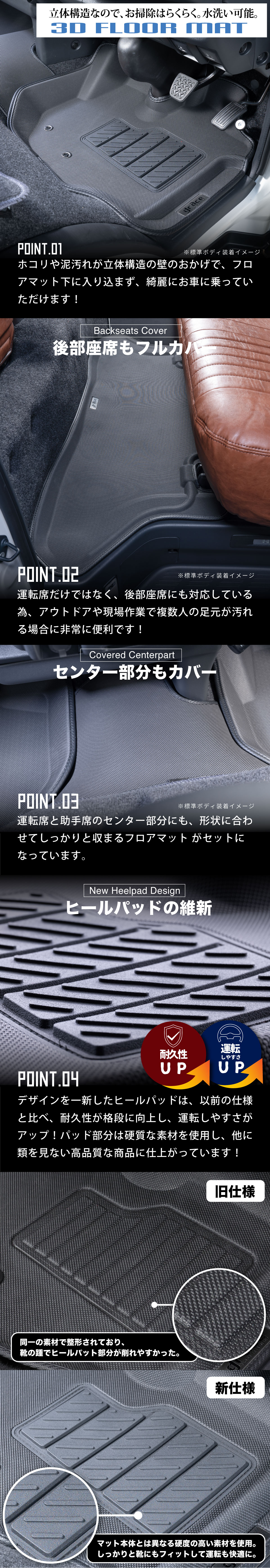 ハイエース200系専用3Dフロアマット 立体構造で水洗い可能!ホコリや泥汚れが立体構造の壁のおかげで、フロアマット下に入り込まず、綺麗にお車に乗っていただけます!運転席だけではなく、後部座席にも対応している為、アウトドアや現場作業で複数人の足元が汚れる場合に非常に便利です!運転席と助手席のセンター部分にも、形状に合わせてしっかりと収まるフロアマット がセットになっています。今回新たにデザインを一新したヒールパッドは、以前のものと比べより靴が引っ掛かりやすく、運転性を向上させました!見た目にも、ディテールがかっこいいデザインとなっています!各フロアマットにグレイスのブランドタグを標準装備!非常に高級感のある仕様となっています!もちろん各種ワイド車用にも対応!
ワイドボディ用のフロアマットをお探しだった方は是非!