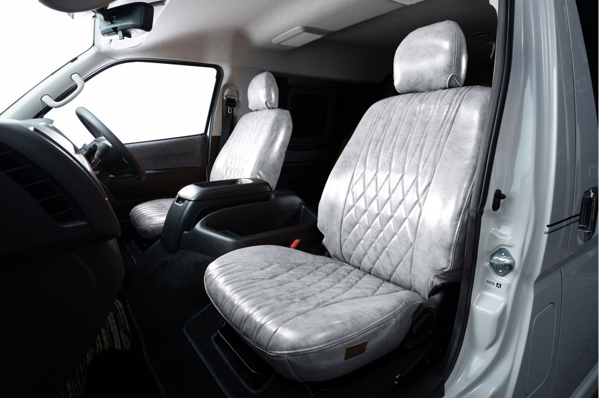 200ハイエース　シートカバー  アンティークデザインD　ホワイトスモーク