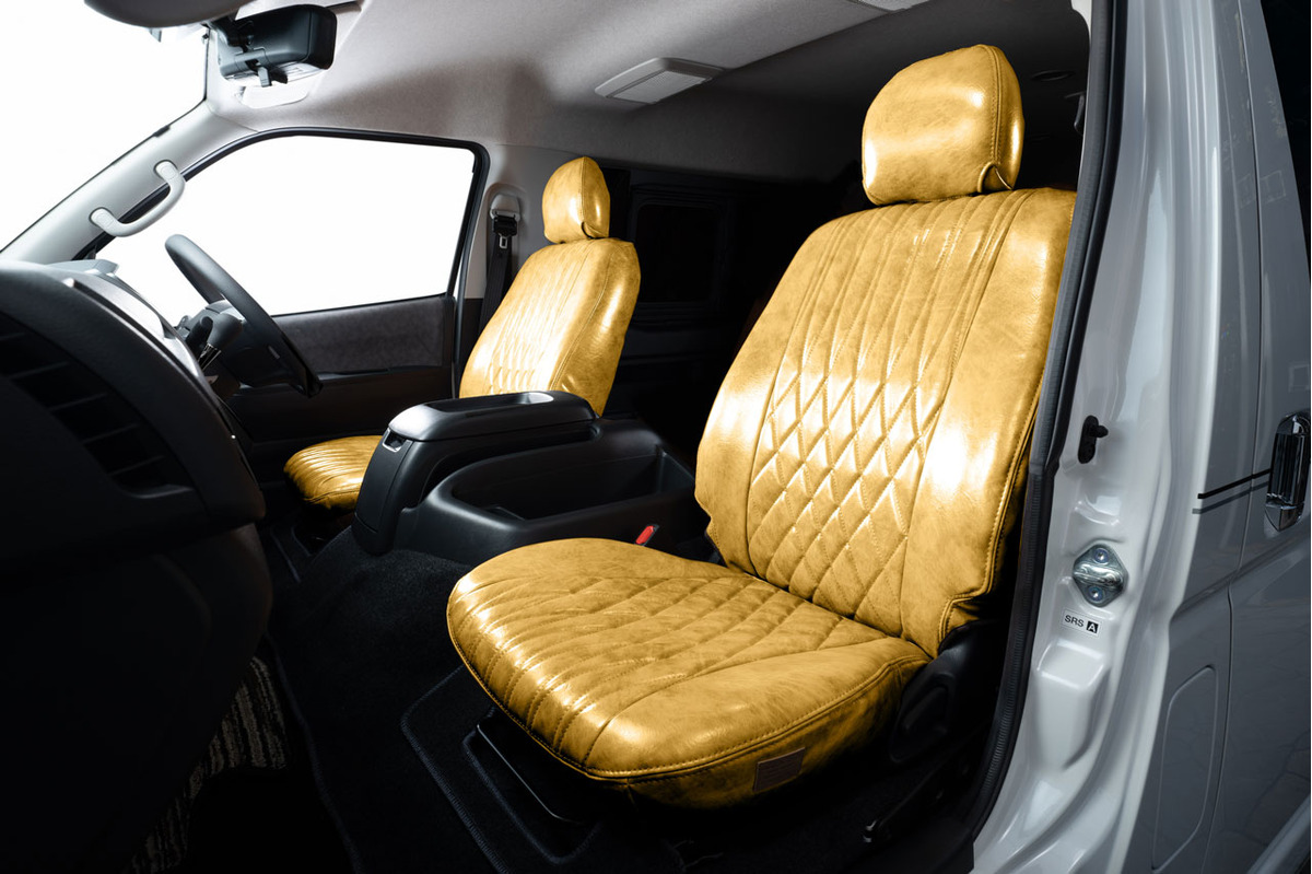 200ハイエース　シートカバー  アンティークデザインD　クリームイエロー