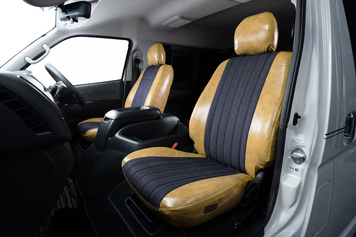 200ハイエース　シートカバー  アンティークデニム　クリームイエローxインディゴブルー