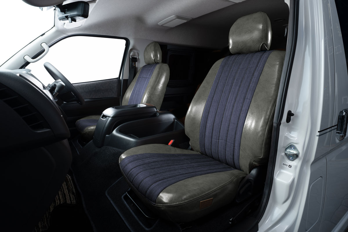 200ハイエース　シートカバー  アンティークデニム　グレーxインディゴブルー