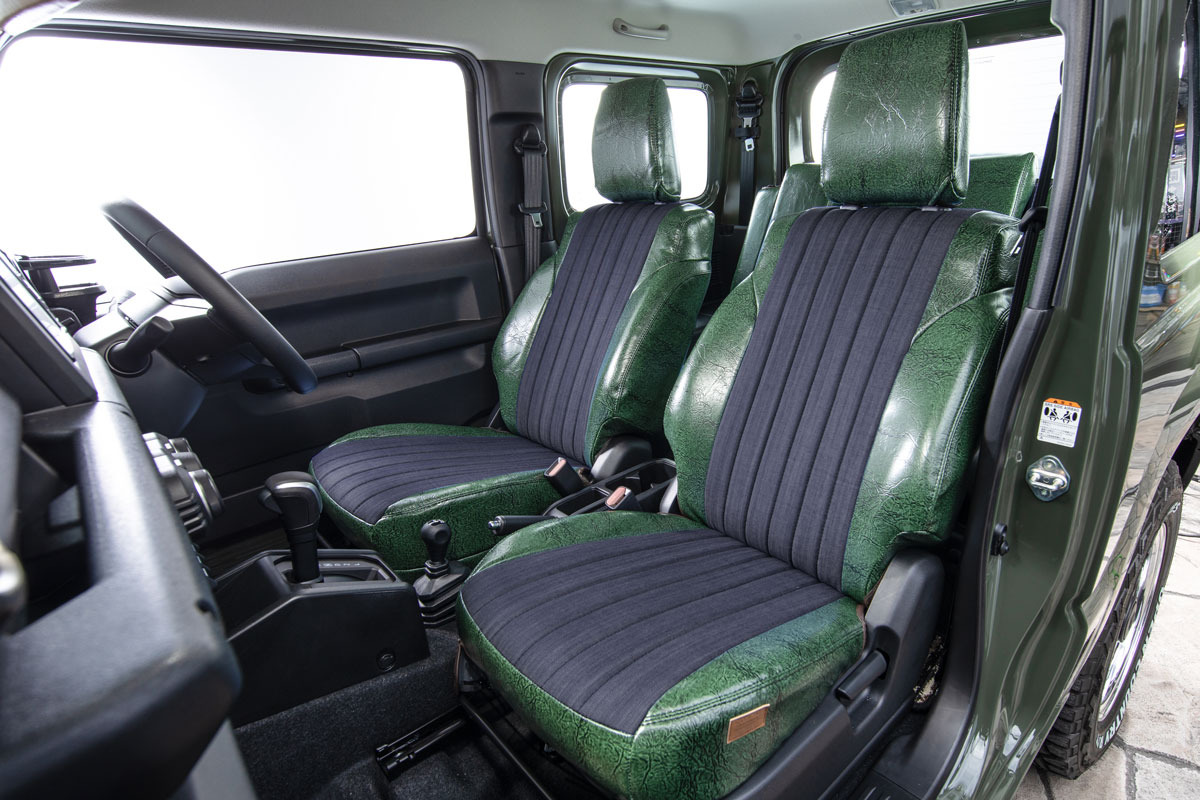 シートカバー  アンティークデニム　モスグリーン　ジムニー装着イメージ