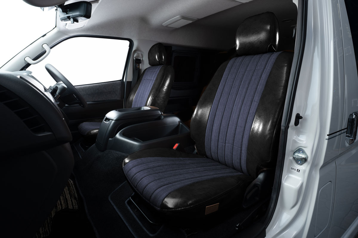 シートカバー  アンティークデニム　ハイエース装着イメージ　インディゴブルー