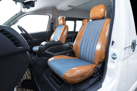 【全対応車種用】シートカバー アンティークデニム ハイエース装着　キャメル