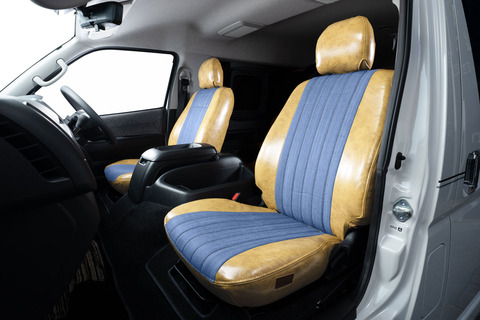 200ハイエース　シートカバー  アンティークデニム　クリームイエロー