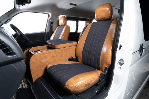 200ハイエース　ワイド　シートカバー  アンティークデニム インディゴ　キャメル