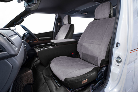 シートカバー  アンティークコーデュロイ　コーデュロイグレーxヴィンテージブラック ハイエース装着イメージ